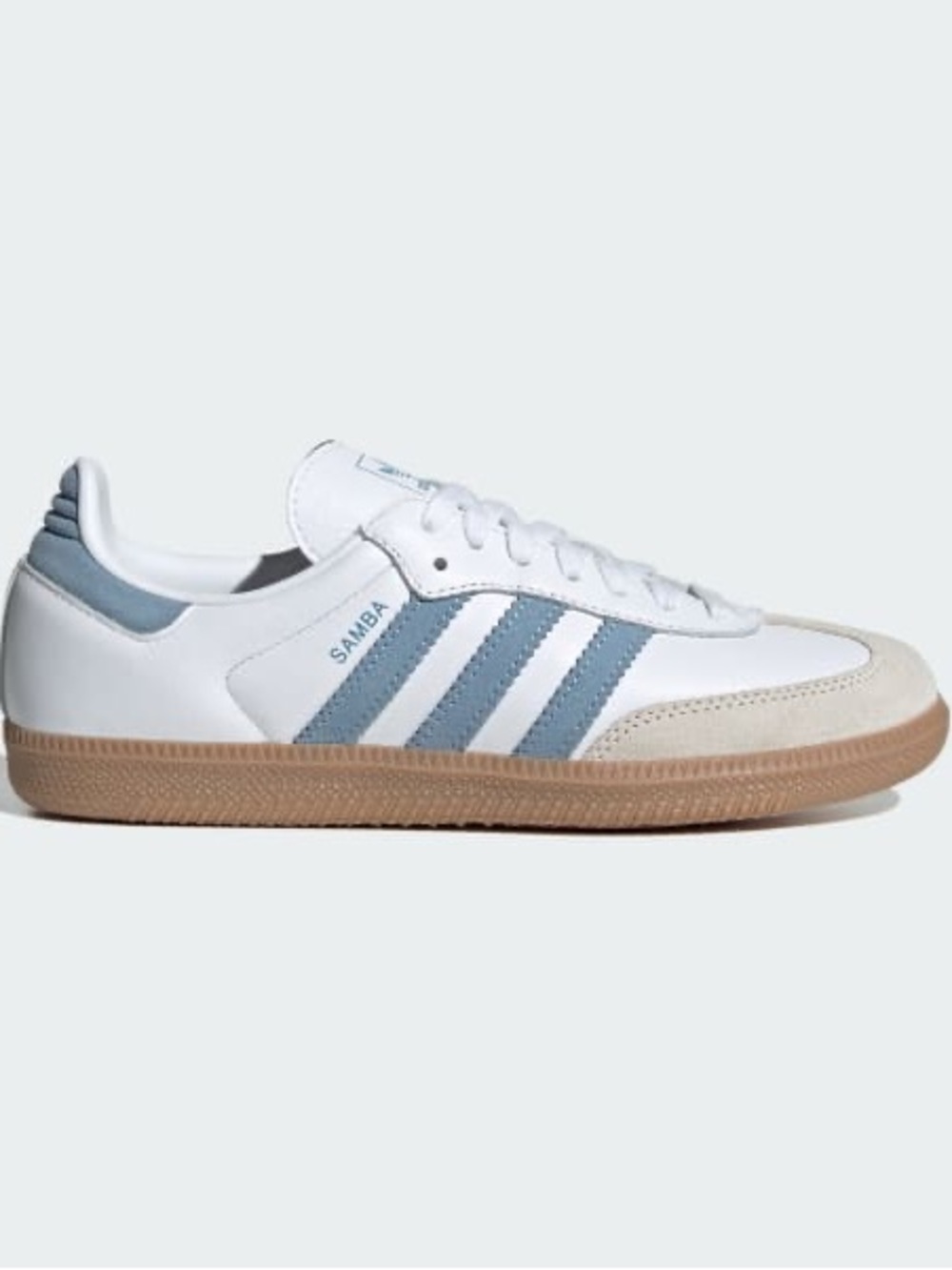 adidas Samba Sneakers - White with Light Blue Stripes and Gum Sole